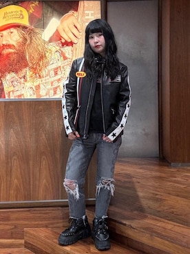 「HYSTERIC GLAMOUR（ヒステリックグラマー）のSNAKE LOOP 8分丈クラッシュデニムパンツ（デニムパンツ）」を使った、fukuchanさん（レディース・154cm）の秋コーディネート