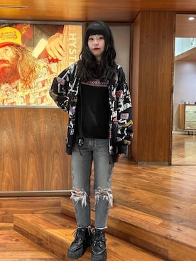 「HYSTERIC GLAMOUR（ヒステリックグラマー）のSNAKE LOOP 8分丈クラッシュデニムパンツ（デニムパンツ）」を使った、fukuchanさん（レディース・154cm）の秋コーディネート