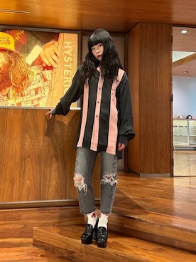 「HYSTERIC GLAMOUR（ヒステリックグラマー）のSNAKE LOOP 8分丈クラッシュデニムパンツ（デニムパンツ）」を使った、fukuchanさん（レディース・154cm）の秋コーディネート