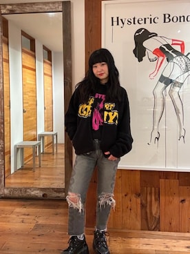 「HYSTERIC GLAMOUR（ヒステリックグラマー）のSNAKE LOOP 8分丈クラッシュデニムパンツ（デニムパンツ）」を使った、fukuchanさん（レディース・154cm）の秋コーディネート