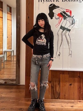 「HYSTERIC GLAMOUR（ヒステリックグラマー）のSNAKE LOOP 8分丈クラッシュデニムパンツ（デニムパンツ）」を使った、fukuchanさん（レディース・154cm）の秋コーディネート