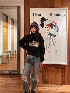 「HYSTERIC GLAMOUR（ヒステリックグラマー）のSNAKE LOOP 8分丈クラッシュデニムパンツ（デニムパンツ）」を使った、fukuchanさん（レディース・154cm）の秋コーディネート