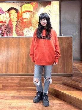 「HYSTERIC GLAMOUR（ヒステリックグラマー）のSNAKE LOOP 8分丈クラッシュデニムパンツ（デニムパンツ）」を使った、fukuchanさん（レディース・154cm）の秋コーディネート