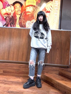 「HYSTERIC GLAMOUR（ヒステリックグラマー）のSNAKE LOOP 8分丈クラッシュデニムパンツ（デニムパンツ）」を使った、fukuchanさん（レディース・154cm）の秋コーディネート