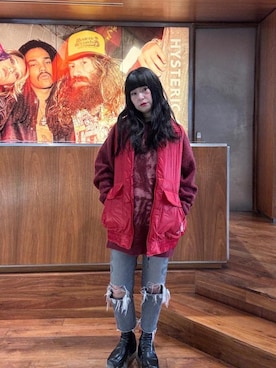 「HYSTERIC GLAMOUR（ヒステリックグラマー）のSNAKE LOOP 8分丈クラッシュデニムパンツ（デニムパンツ）」を使った、fukuchanさん（レディース・154cm）の冬コーディネート