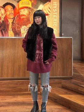 「HYSTERIC GLAMOUR（ヒステリックグラマー）のSNAKE LOOP 8分丈クラッシュデニムパンツ（デニムパンツ）」を使った、fukuchanさん（レディース・154cm）の冬コーディネート