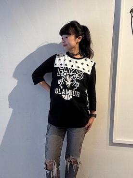 「HYSTERIC GLAMOUR（ヒステリックグラマー）のSNAKE LOOP 8分丈クラッシュデニムパンツ（デニムパンツ）」を使った、fukuchanさん（レディース・154cm）の夏コーディネート