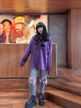 「HYSTERIC GLAMOUR（ヒステリックグラマー）のSNAKE LOOP 8分丈クラッシュデニムパンツ（デニムパンツ）」を使った、fukuchanさん（レディース・154cm）の秋コーディネート
