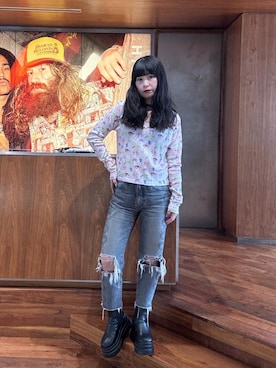 「HYSTERIC GLAMOUR（ヒステリックグラマー）のSNAKE LOOP 8分丈クラッシュデニムパンツ（デニムパンツ）」を使った、fukuchanさん（レディース・154cm）の秋コーディネート