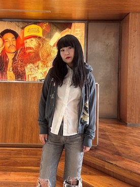 「HYSTERIC GLAMOUR（ヒステリックグラマー）のSNAKE LOOP 8分丈クラッシュデニムパンツ（デニムパンツ）」を使った、fukuchanさん（レディース・154cm）の秋コーディネート