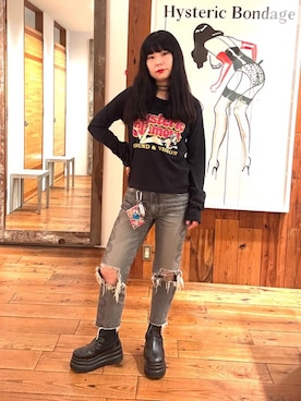 「HYSTERIC GLAMOUR（ヒステリックグラマー）のSNAKE LOOP 8分丈クラッシュデニムパンツ（デニムパンツ）」を使った、fukuchanさん（レディース・154cm）の秋コーディネート