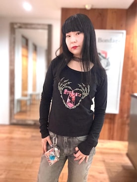 「HYSTERIC GLAMOUR（ヒステリックグラマー）のSNAKE LOOP 8分丈クラッシュデニムパンツ（デニムパンツ）」を使った、fukuchanさん（レディース・154cm）の秋コーディネート