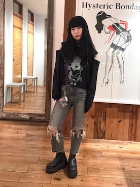 「HYSTERIC GLAMOUR（ヒステリックグラマー）のSNAKE LOOP 8分丈クラッシュデニムパンツ（デニムパンツ）」を使った、fukuchanさん（レディース・154cm）の秋コーディネート