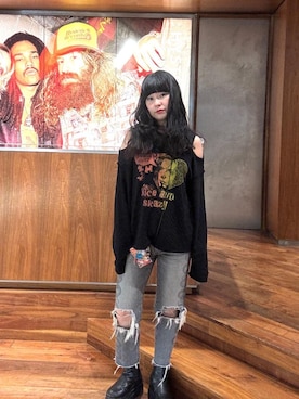 「HYSTERIC GLAMOUR（ヒステリックグラマー）のSNAKE LOOP 8分丈クラッシュデニムパンツ（デニムパンツ）」を使った、fukuchanさん（レディース・154cm）の秋コーディネート
