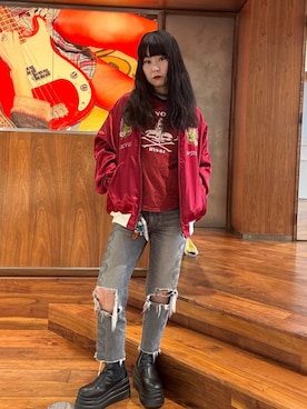「HYSTERIC GLAMOUR（ヒステリックグラマー）のSNAKE LOOP 8分丈クラッシュデニムパンツ（デニムパンツ）」を使った、fukuchanさん（レディース・154cm）の秋コーディネート