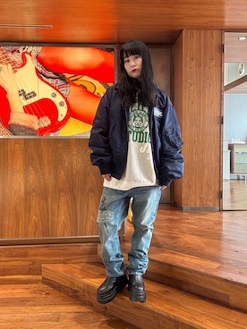 「アイテム（ミリタリージャケット）」を使った、fukuchanさん（レディース・154cm）の秋コーディネート