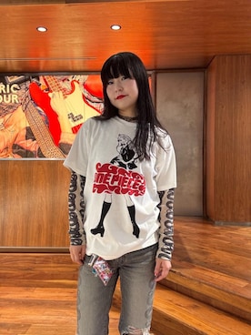 「HYSTERIC GLAMOUR（ヒステリックグラマー）のSNAKE LOOP 8分丈クラッシュデニムパンツ（デニムパンツ）」を使った、fukuchanさん（レディース・154cm）の秋コーディネート