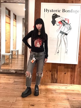 「HYSTERIC GLAMOUR（ヒステリックグラマー）のSNAKE LOOP 8分丈クラッシュデニムパンツ（デニムパンツ）」を使った、fukuchanさん（レディース・154cm）の秋コーディネート