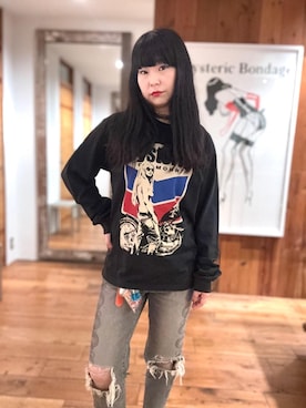 「HYSTERIC GLAMOUR（ヒステリックグラマー）のSNAKE LOOP 8分丈クラッシュデニムパンツ（デニムパンツ）」を使った、fukuchanさん（レディース・154cm）の秋コーディネート