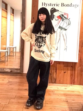 「HYSTERIC GLAMOUR（ヒステリックグラマー）の1タックワイドデニムパンツ（デニムパンツ、ブルー系）」を使った、fukuchanさん（レディース・154cm）の春コーディネート