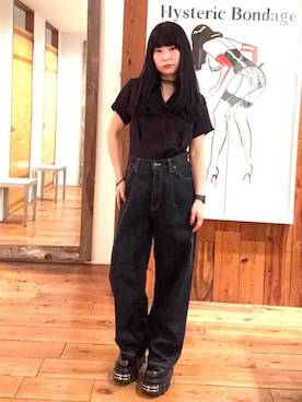 「HYSTERIC GLAMOUR（ヒステリックグラマー）の1タックワイドデニムパンツ（デニムパンツ、ブルー系）」を使った、fukuchanさん（レディース・154cm）の春コーディネート