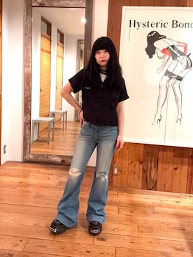 「HYSTERIC GLAMOUR（ヒステリックグラマー）のローライズフレアデニムパンツ（デニムパンツ、ブルー系）」を使った、fukuchanさん（レディース・154cm）の春コーディネート