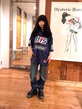 「HYSTERIC GLAMOUR（ヒステリックグラマー）のHRA加工 WW2ストレートデニムパンツ（デニムパンツ、ブルー系）」を使った、fukuchanさん（レディース・154cm）の春コーディネート