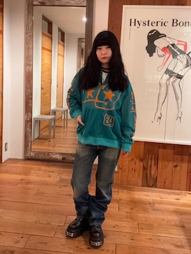 「HYSTERIC GLAMOUR（ヒステリックグラマー）のHRA加工 WW2ストレートデニムパンツ（デニムパンツ、ブルー系）」を使った、fukuchanさん（レディース・154cm）の春コーディネート