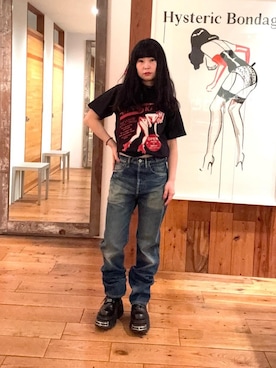 「HYSTERIC GLAMOUR（ヒステリックグラマー）のHRA加工 WW2ストレートデニムパンツ（デニムパンツ、ブルー系）」を使った、fukuchanさん（レディース・154cm）の春コーディネート