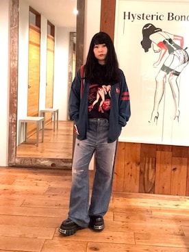 「HYSTERIC GLAMOUR（ヒステリックグラマー）のHYS FES PASS デニム転写パンツ（その他パンツ、ブルー系）」を使った、fukuchanさん（レディース・154cm）の春コーディネート