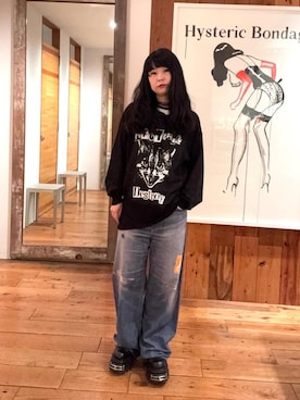 「HYSTERIC GLAMOUR（ヒステリックグラマー）のHYS FES PASS デニム転写パンツ（その他パンツ、ブルー系）」を使った、fukuchanさん（レディース・154cm）の春コーディネート