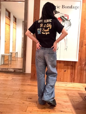 「HYSTERIC GLAMOUR（ヒステリックグラマー）のHYS FES PASS デニム転写パンツ（その他パンツ、ブルー系）」を使った、fukuchanさん（レディース・154cm）の春コーディネート
