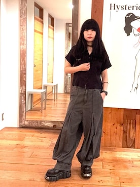 「HYSTERIC GLAMOUR（ヒステリックグラマー）の綿麻デニムタックパンツ（その他パンツ、ブラック系）」を使った、fukuchanさん（レディース・154cm）の春コーディネート