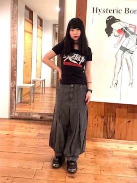 「HYSTERIC GLAMOUR（ヒステリックグラマー）の綿麻デニムタックパンツ（その他パンツ、ブラック系）」を使った、fukuchanさん（レディース・154cm）の春コーディネート