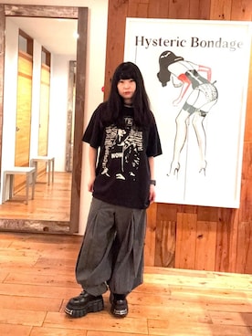 「HYSTERIC GLAMOUR（ヒステリックグラマー）の綿麻デニムタックパンツ（その他パンツ、ブラック系）」を使った、fukuchanさん（レディース・154cm）の春コーディネート