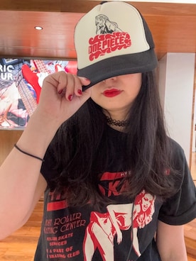 「HYSTERIC GLAMOUR（ヒステリックグラマー）のHYS SKATES Tシャツ（Tシャツ/カットソー、ブラック系）」を使った、fukuchanさん（レディース・154cm）の夏コーディネート