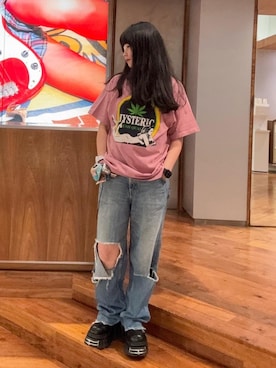 「HYSTERIC GLAMOUR（ヒステリックグラマー）のRESIZE加工 デニムストレートパンツ（デニムパンツ、ブルー系）」を使った、fukuchanさん（レディース・154cm）の夏コーディネート