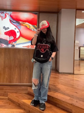 「HYSTERIC GLAMOUR（ヒステリックグラマー）のRESIZE加工 デニムストレートパンツ（デニムパンツ、ブルー系）」を使った、fukuchanさん（レディース・154cm）の夏コーディネート