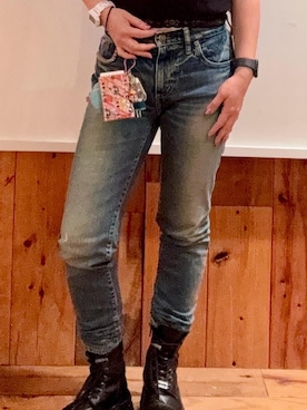 「HYSTERIC GLAMOUR（ヒステリックグラマー）のHYS SP加工スキニーデニムパンツ（デニムパンツ、ブルー系）」を使った、fukuchanさん（レディース・154cm）の夏コーディネート