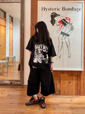 「HYSTERIC GLAMOUR（ヒステリックグラマー）のニーダーツデニムハーフパンツ（デニムパンツ、ブラック系）」を使った、fukuchanさん（レディース・154cm）の夏コーディネート