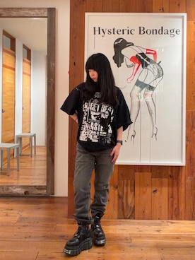 「HYSTERIC GLAMOUR（ヒステリックグラマー）のDAILY HYSTERIC オーバーサイズTシャツ（Tシャツ/カットソー、ブラック系）」を使った、fukuchanさん（レディース・154cm）の夏コーディネート