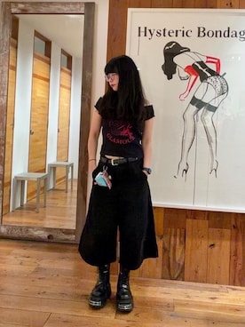 「HYSTERIC GLAMOUR（ヒステリックグラマー）のSTRAWBERRY FREAK チビTシャツ（Tシャツ/カットソー、ブラック系）」を使った、fukuchanさん（レディース・154cm）の夏コーディネート