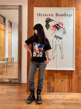 「HYSTERIC GLAMOUR（ヒステリックグラマー）のMOTORCYCLE GIRL Tシャツ（Tシャツ/カットソー、ブラック系）」を使った、fukuchanさん（レディース・154cm）の夏コーディネート