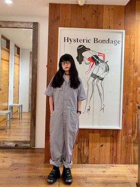 「HYSTERIC GLAMOUR（ヒステリックグラマー）のHYSTERIC DUSTER オールインワン（サロペット/オーバーオール、グレー系）」を使った、fukuchanさん（レディース・154cm）の夏コーディネート