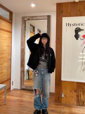 「HYSTERIC GLAMOUR（ヒステリックグラマー）のTAKES ME HIGHER刺繍 パーカー（パーカー、ブラック系）」を使った、fukuchanさん（レディース・154cm）の夏コーディネート