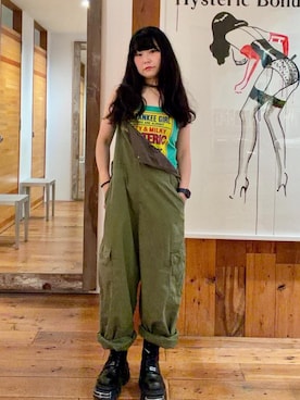 「HYSTERIC GLAMOUR（ヒステリックグラマー）のミリタリーオーバーオール（つなぎ/オールインワン、グリーン系）」を使った、fukuchanさん（レディース・154cm）の夏コーディネート