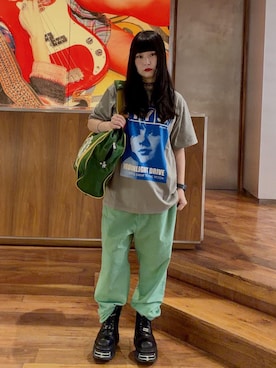 「HYSTERIC GLAMOUR（ヒステリックグラマー）のMOONLIGHT DRIVE Tシャツ（Tシャツ/カットソー、グリーン系）」を使った、fukuchanさん（レディース・154cm）の夏コーディネート
