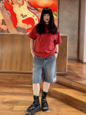 「HYSTERIC GLAMOUR（ヒステリックグラマー）のI WANT MORE HYS Tシャツ（Tシャツ/カットソー、レッド系）」を使った、fukuchanさん（レディース・154cm）の夏コーディネート