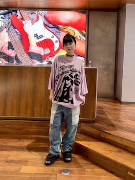 「HYSTERIC GLAMOUR（ヒステリックグラマー）のHYSTERIC 0321 ニータックワイドパンツ（その他パンツ、ブルー系）」を使った、fukuchanさん（レディース・154cm）の夏コーディネート