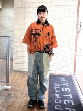 「HYSTERIC GLAMOUR（ヒステリックグラマー）のHYSTERIC 0321 ニータックワイドパンツ（その他パンツ、ブルー系）」を使った、fukuchanさん（レディース・154cm）の夏コーディネート